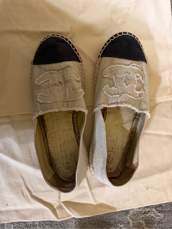 CHANEL Shoes - CHANEL Beige Canvas Espadrilles with Black Toe Cap and Frayed CC
